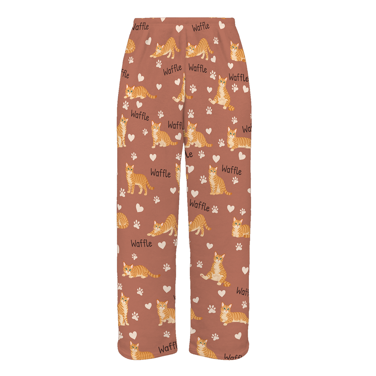Personalized Domestic Shorthair Orange Cat Pajama Pants, Custom Pet Name Fleece Trousers — As shown — full-trouser view