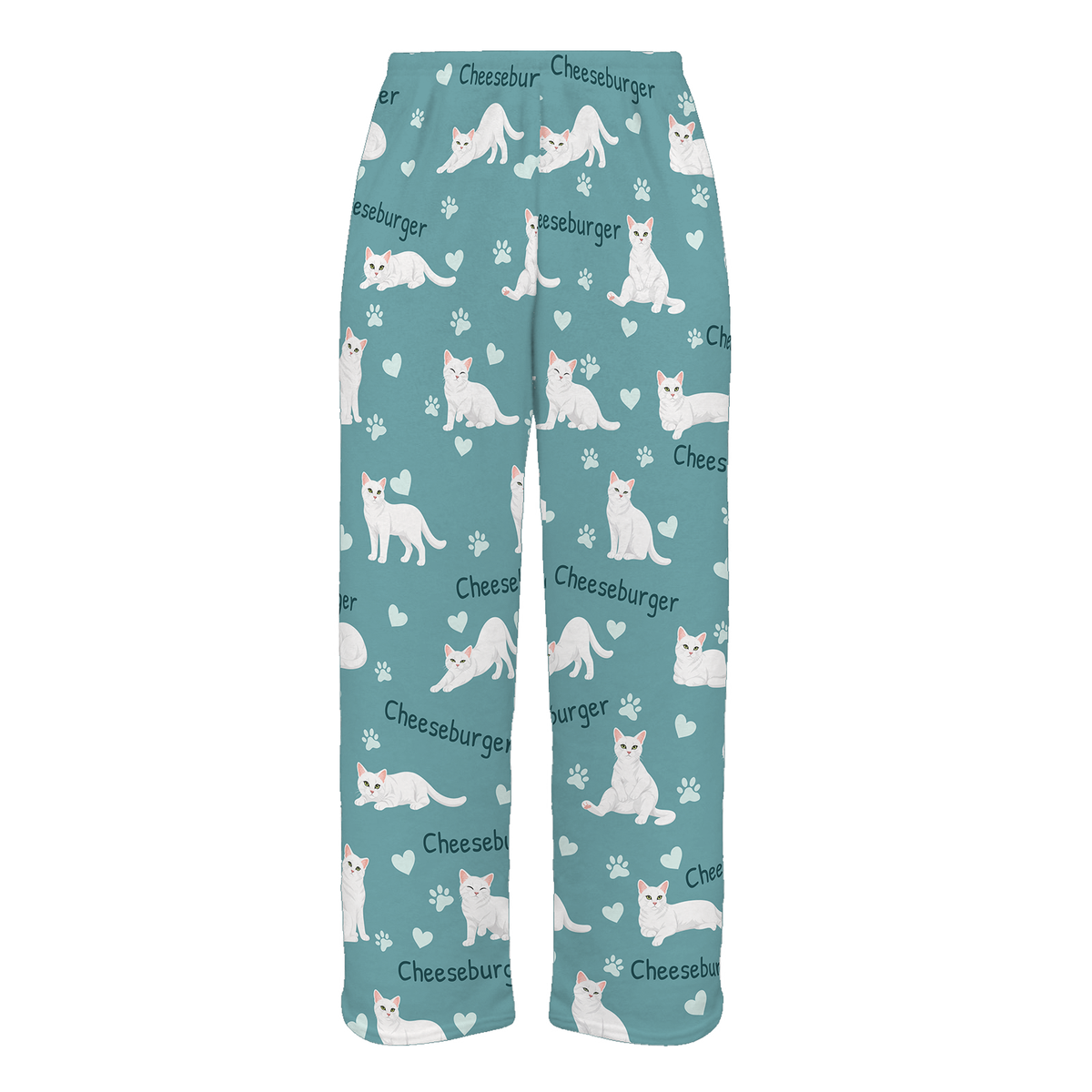 Personalized White Cat Pajama Pants, Custom Pet Name Fleece Trousers — 01 Muted Teal — full-trouser view