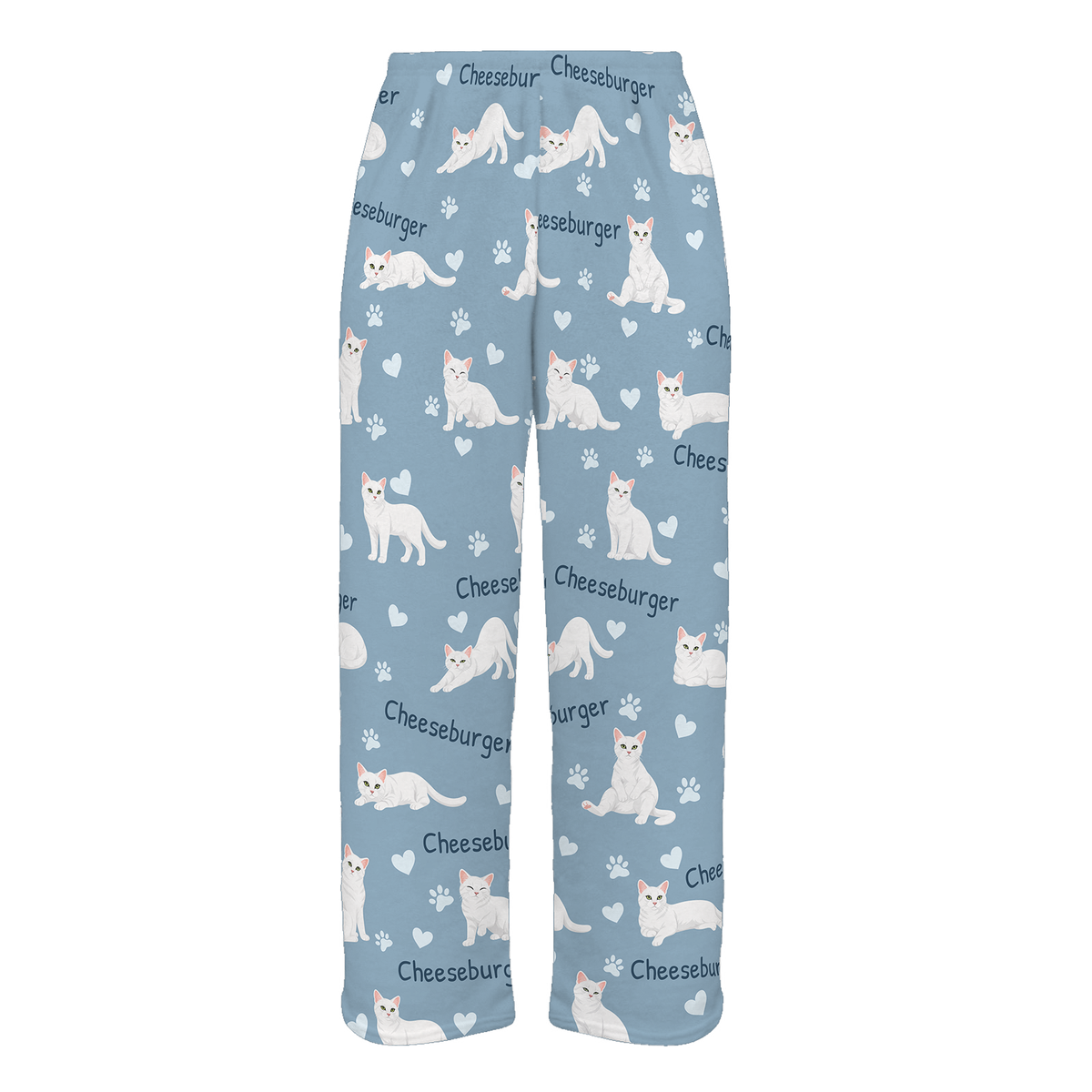 Personalized White Cat Pajama Pants, Custom Pet Name Fleece Trousers — 02 Dusty Blue — full-trouser view