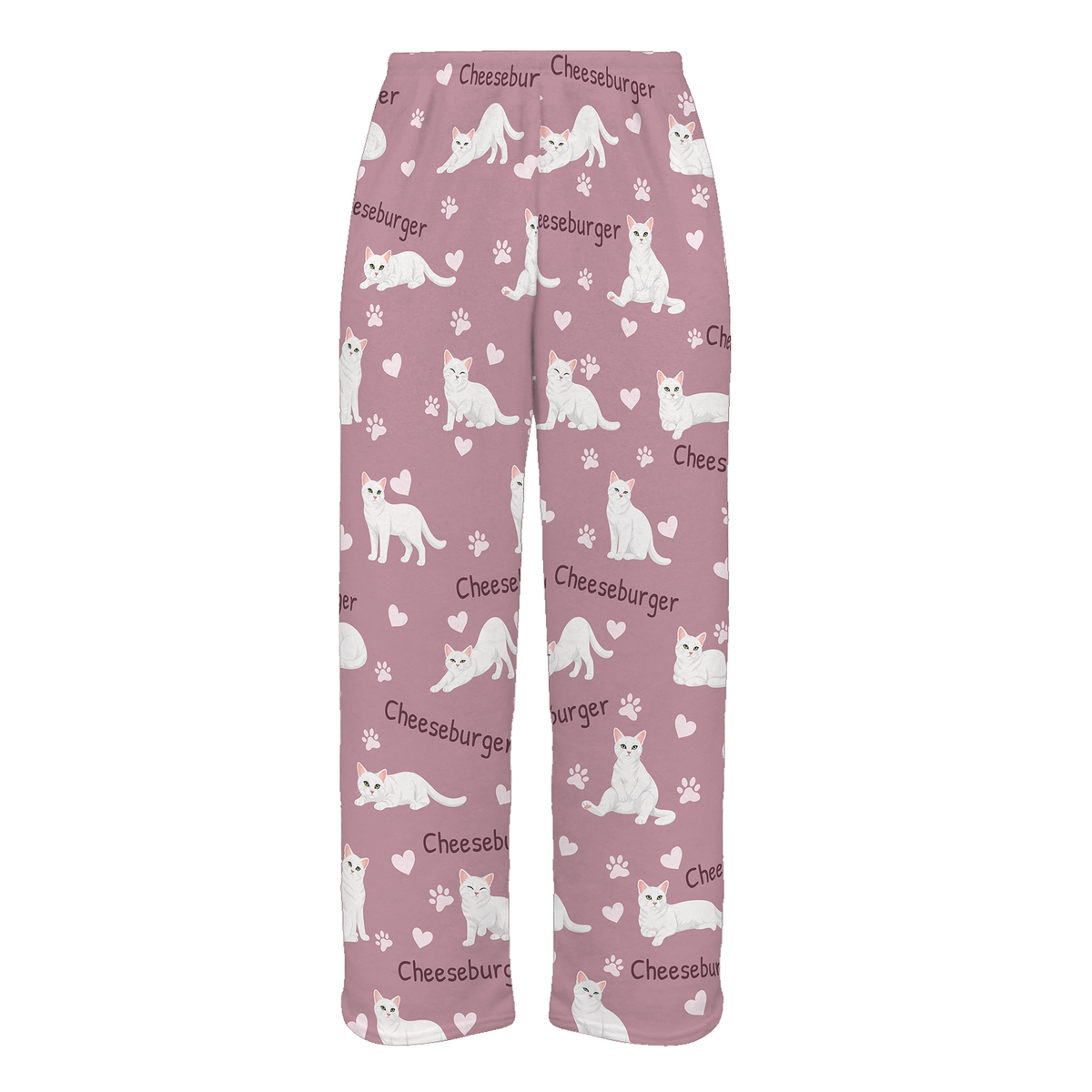 Personalized White Cat Pajama Pants, Custom Pet Name Fleece Trousers — 04 Dusty Rose — full-trouser view