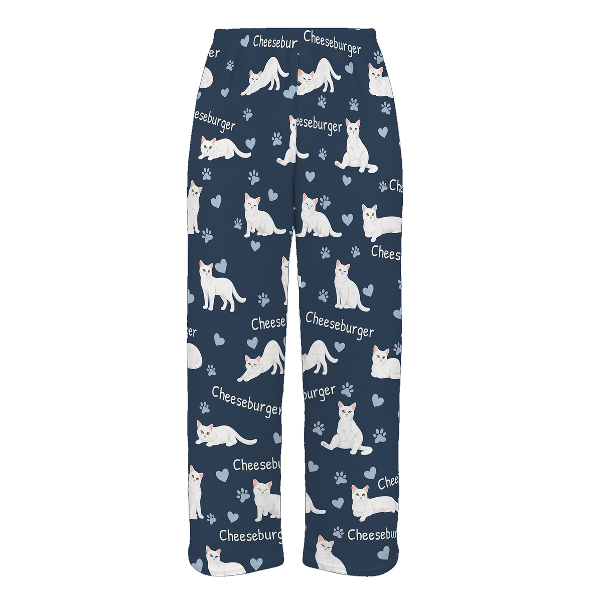 Personalized White Cat Pajama Pants, Custom Pet Name Fleece Trousers — 05 Deep Navy — full-trouser view