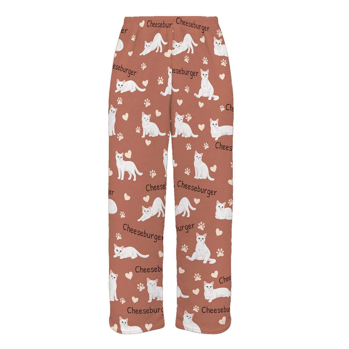 Personalized White Cat Pajama Pants, Custom Pet Name Fleece Trousers — 06 Muted Terracotta — full-trouser view