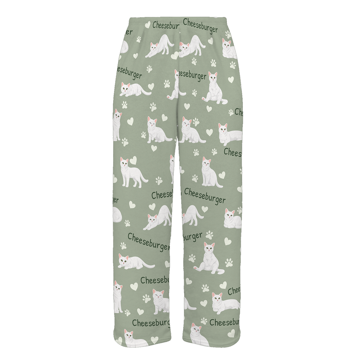 Personalized White Cat Pajama Pants, Custom Pet Name Fleece Trousers — As shown — full-trouser view