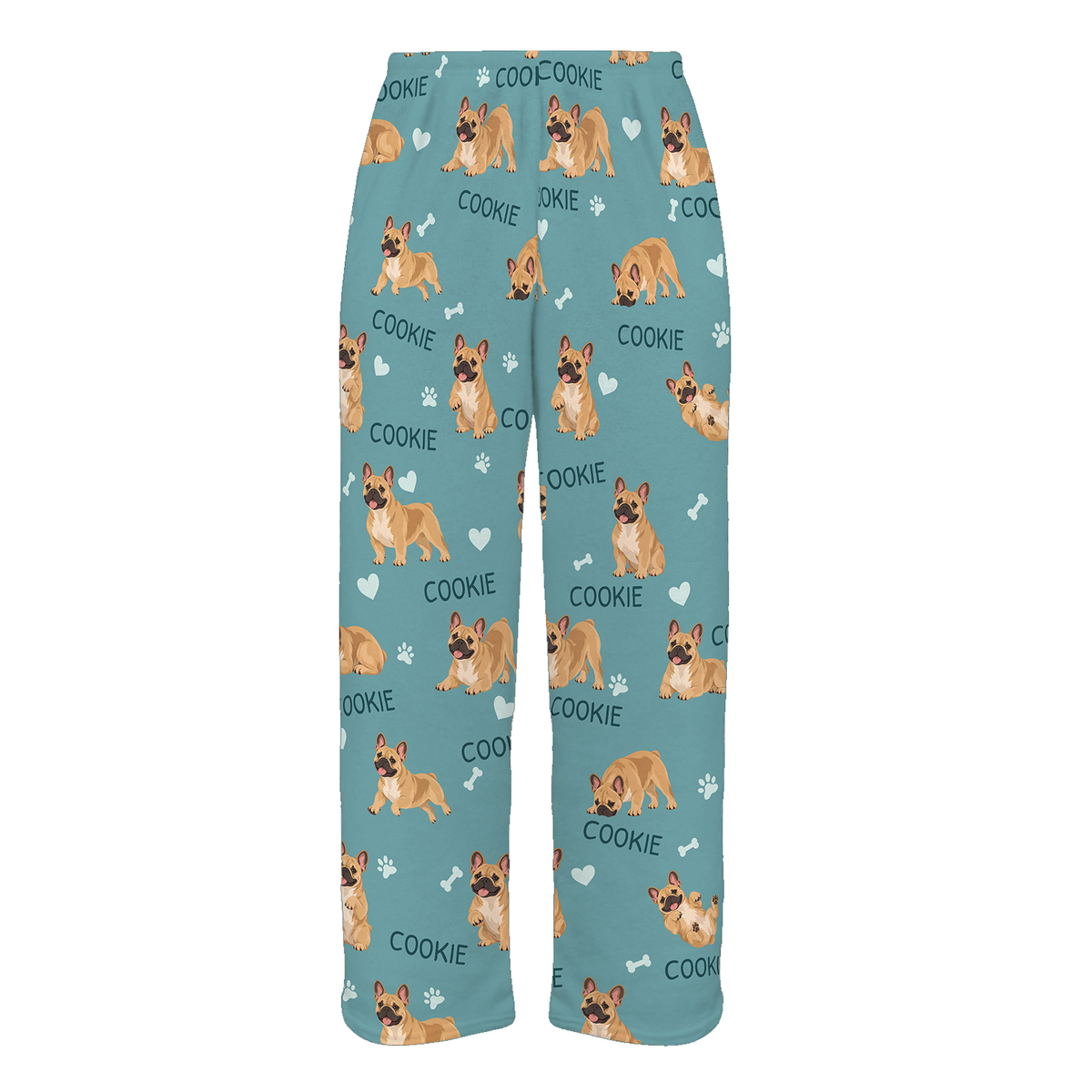Personalized French Bulldog Pajama Pants, Custom Pet Name Fleece Trousers, Dog Lover Gift — 01 Muted Teal — full-trouser view