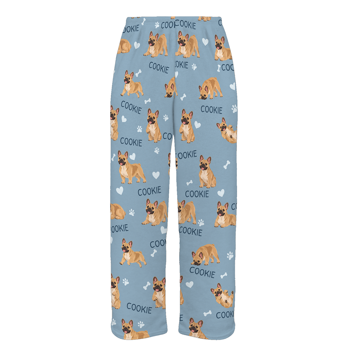 Personalized French Bulldog Pajama Pants, Custom Pet Name Fleece Trousers, Dog Lover Gift — 02 Dusty Blue — full-trouser view