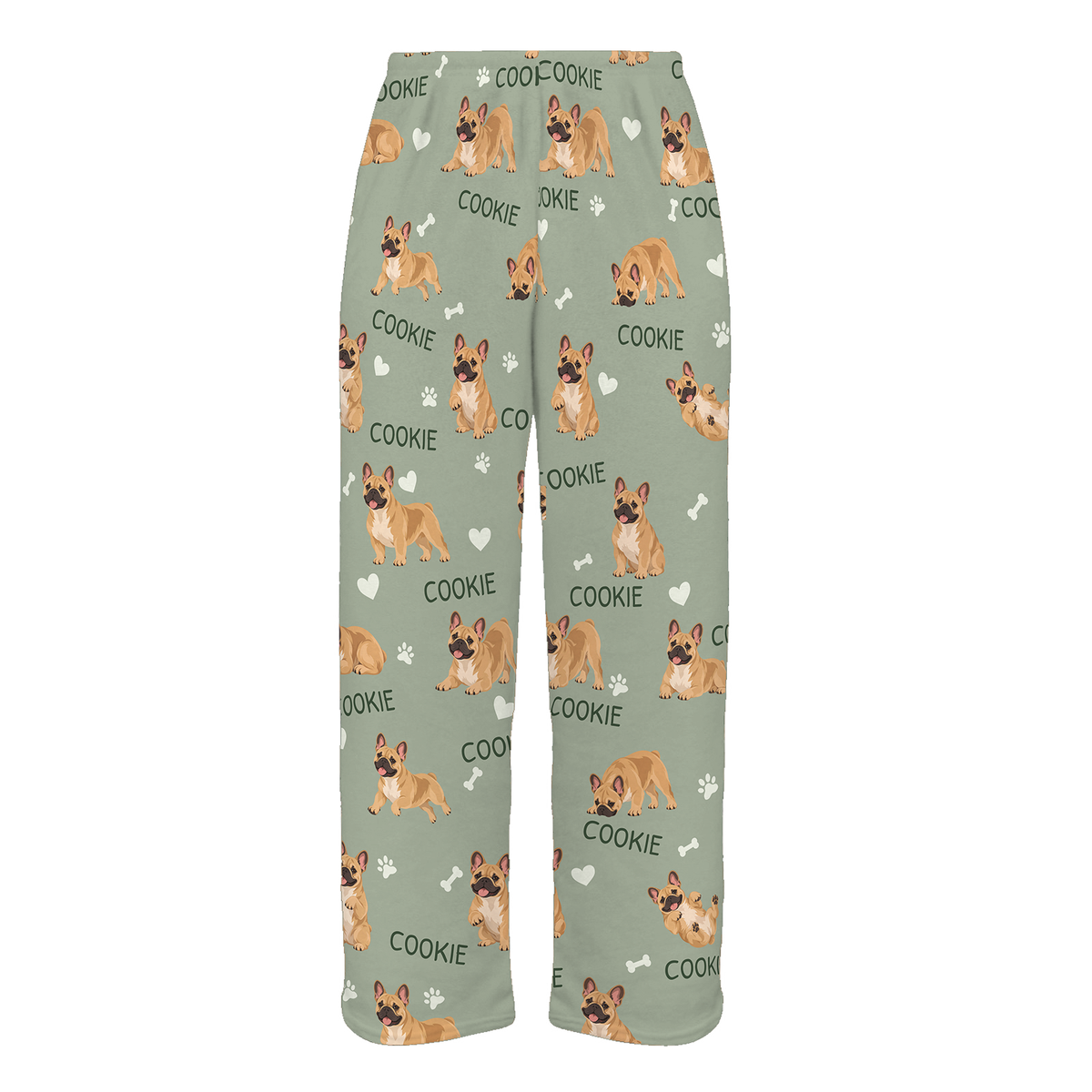 Personalized French Bulldog Pajama Pants, Custom Pet Name Fleece Trousers, Dog Lover Gift — 03 Soft Sage — full-trouser view