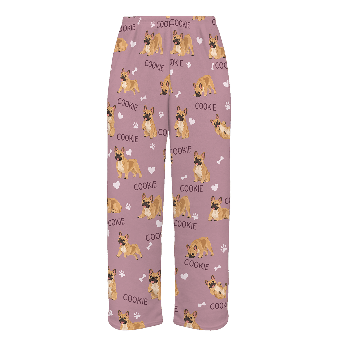 Personalized French Bulldog Pajama Pants, Custom Pet Name Fleece Trousers, Dog Lover Gift — 04 Dusty Rose — full-trouser view