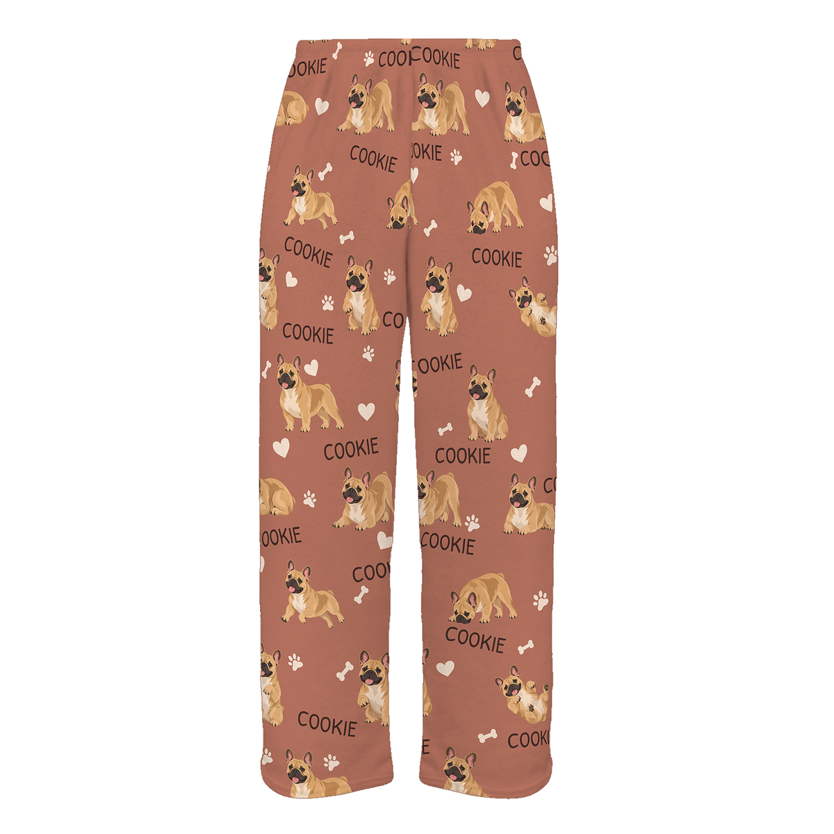 Personalized French Bulldog Pajama Pants, Custom Pet Name Fleece Trousers, Dog Lover Gift — 06 Muted Terracotta — full-trouser view