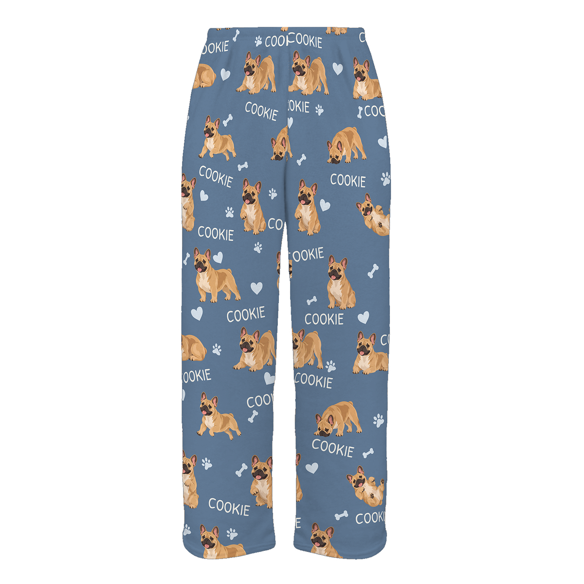 Personalized French Bulldog Pajama Pants, Custom Pet Name Fleece Trousers, Dog Lover Gift — As shown — full-trouser view