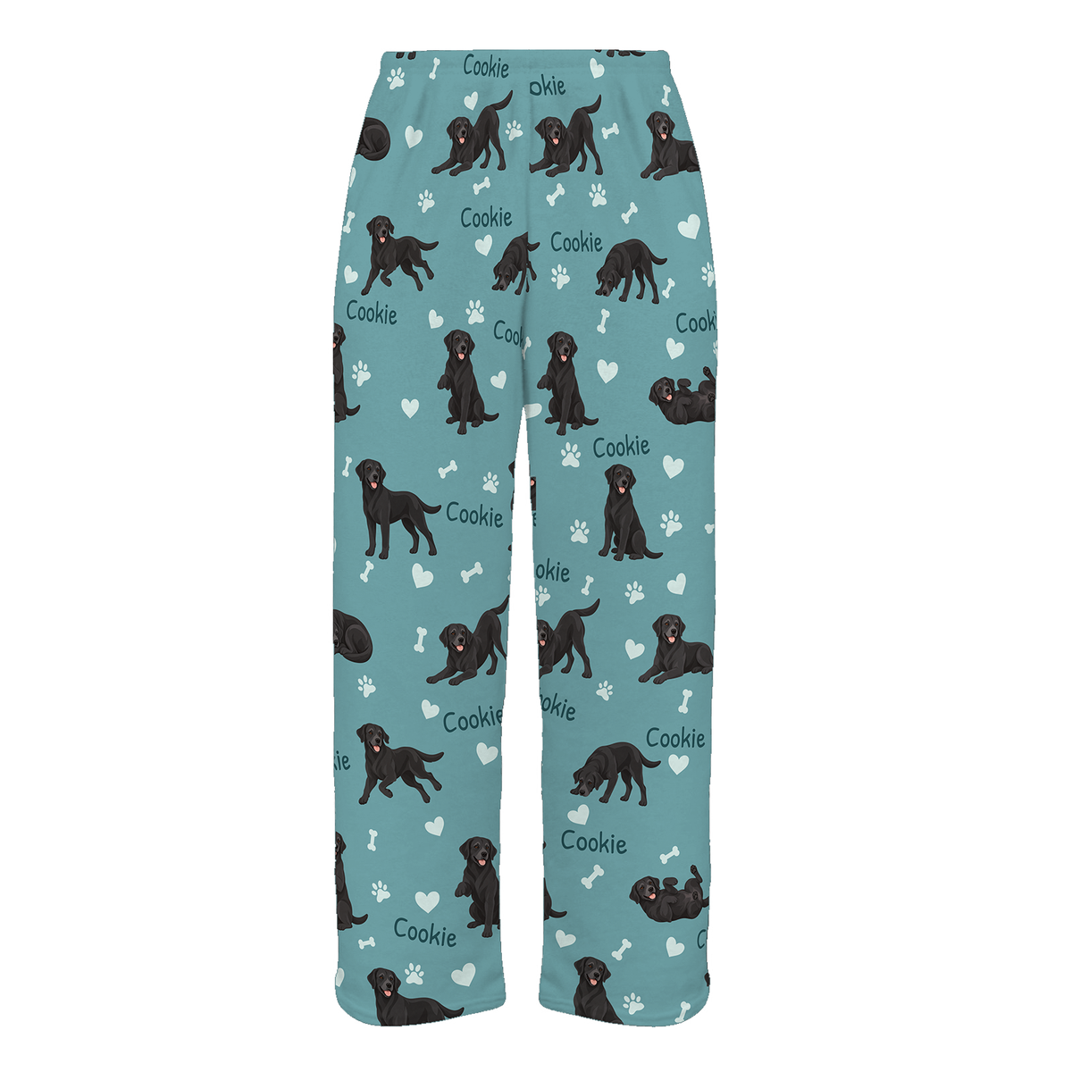 Personalized Labrador Retriever Pajama Pants, Custom Pet Name Fleece Trousers, Dog Lover Gift — 01 Muted Teal — full-trouser view