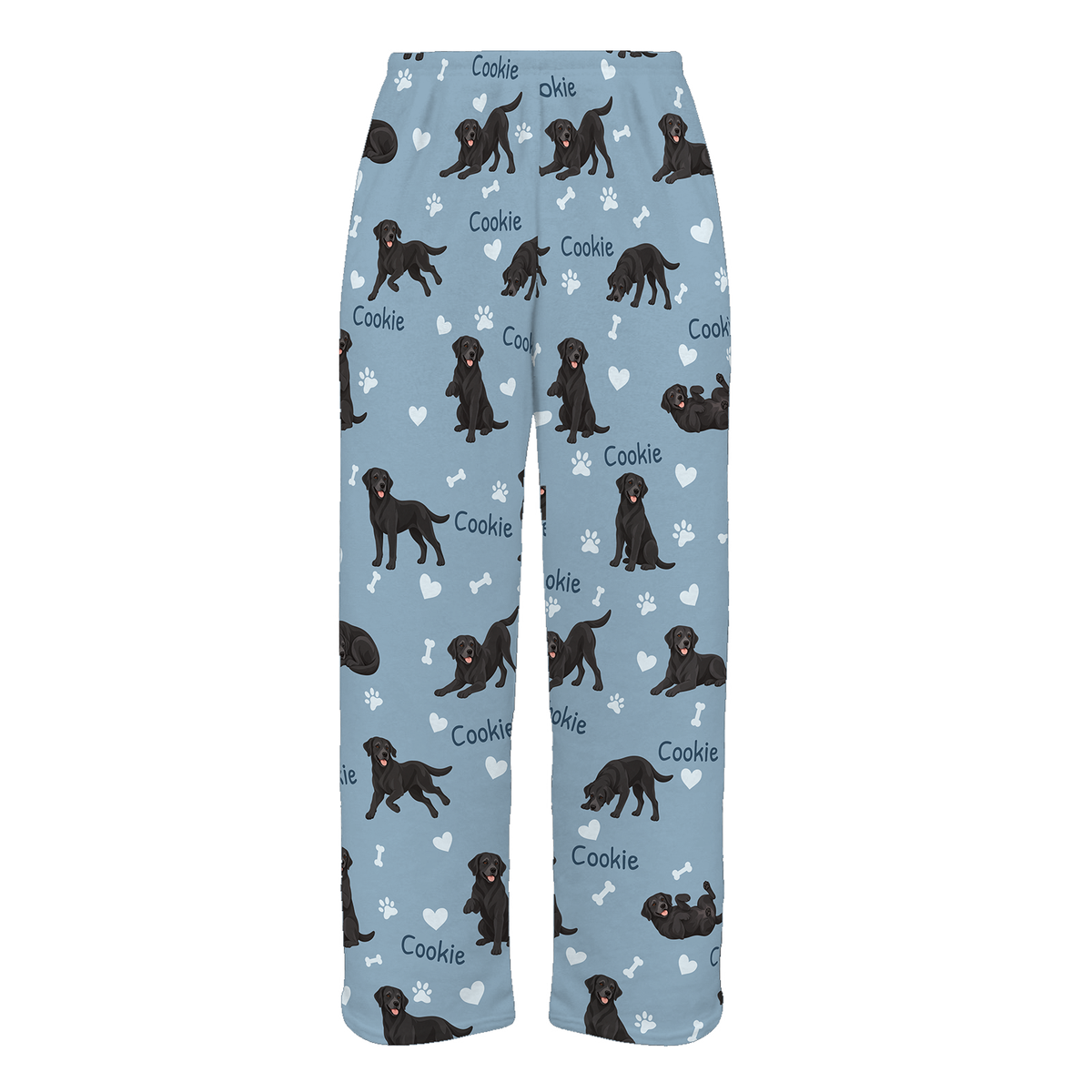 Personalized Labrador Retriever Pajama Pants, Custom Pet Name Fleece Trousers, Dog Lover Gift — 02 Dusty Blue — full-trouser view