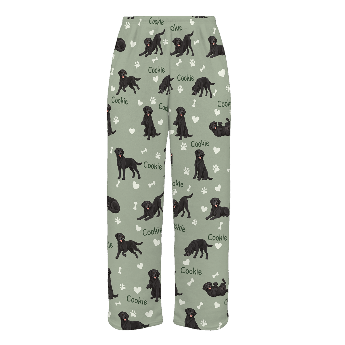 Personalized Labrador Retriever Pajama Pants, Custom Pet Name Fleece Trousers, Dog Lover Gift — 03 Soft Sage — full-trouser view