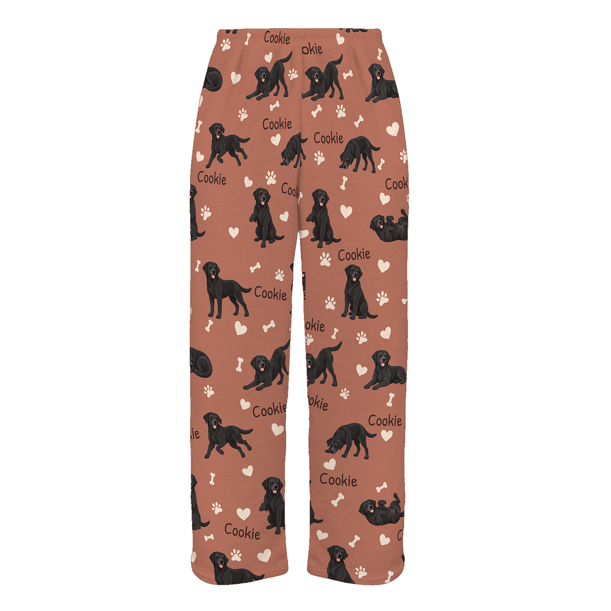 Personalized Labrador Retriever Pajama Pants, Custom Pet Name Fleece Trousers, Dog Lover Gift — 06 Muted Terracotta — full-trouser view