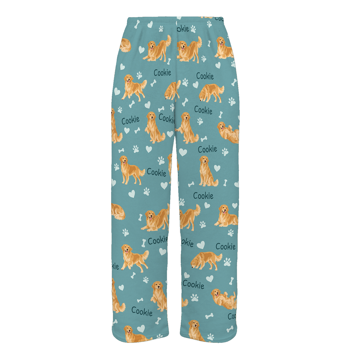 Personalized Golden Retriever Pajama Pants, Custom Pet Name Fleece Trousers, Dog Lover Gift — 01 Muted Teal — full-trouser view