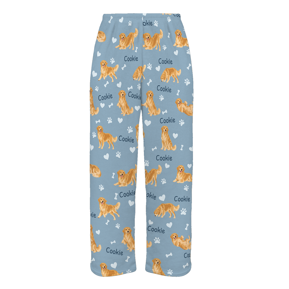 Personalized Golden Retriever Pajama Pants, Custom Pet Name Fleece Trousers, Dog Lover Gift — 02 Dusty Blue — full-trouser view