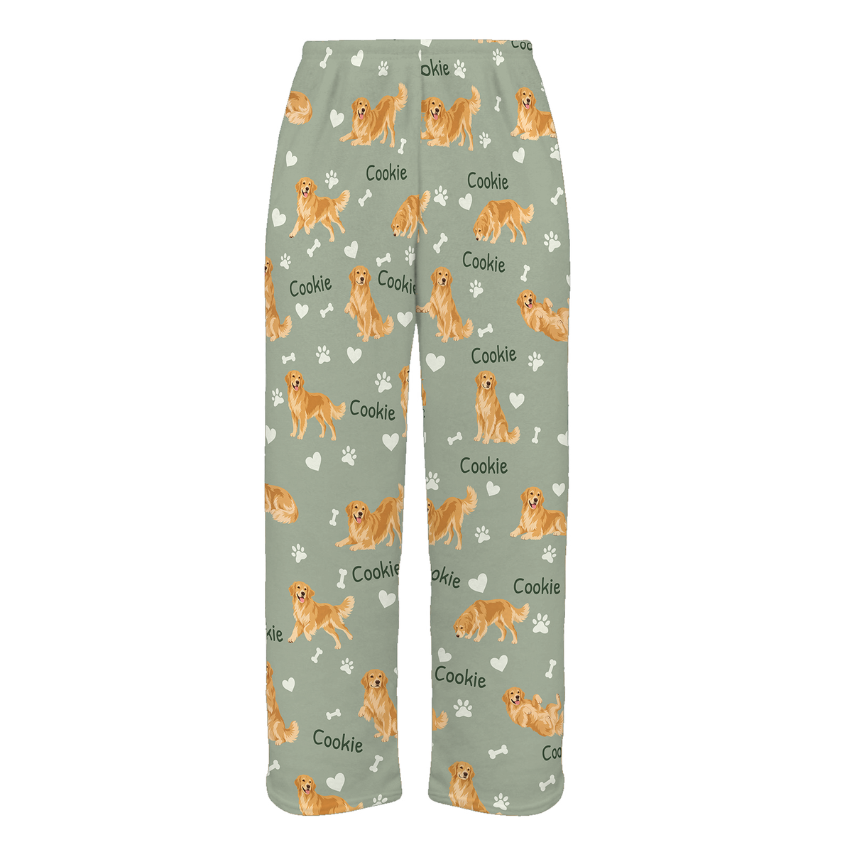 Personalized Golden Retriever Pajama Pants, Custom Pet Name Fleece Trousers, Dog Lover Gift — 03 Soft Sage — full-trouser view