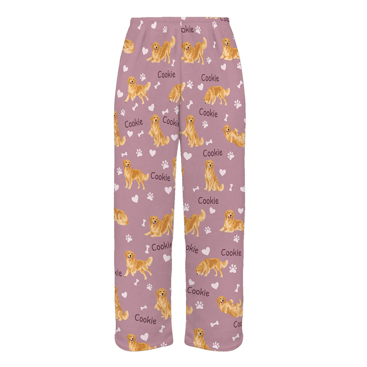 Personalized Golden Retriever Pajama Pants, Custom Pet Name Fleece Trousers, Dog Lover Gift — 04 Dusty Rose — full-trouser view