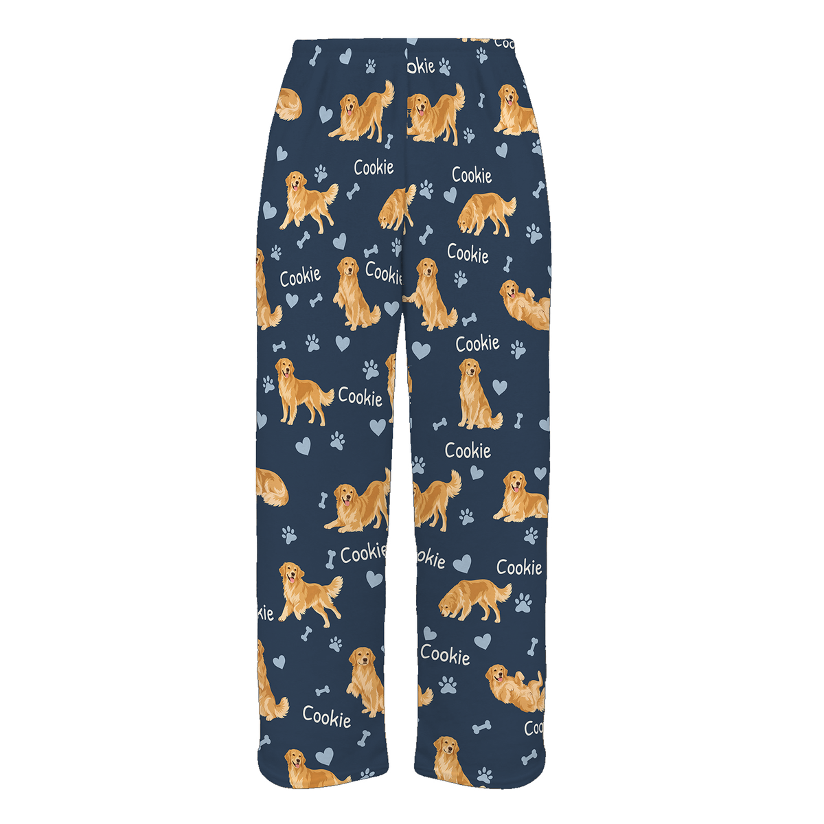 Personalized Golden Retriever Pajama Pants, Custom Pet Name Fleece Trousers, Dog Lover Gift — 05 Deep Navy — full-trouser view