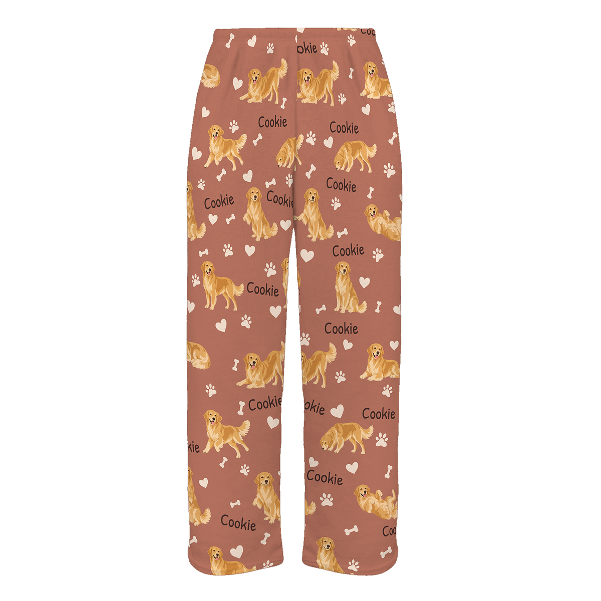 Personalized Golden Retriever Pajama Pants, Custom Pet Name Fleece Trousers, Dog Lover Gift — 06 Muted Terracotta — full-trouser view