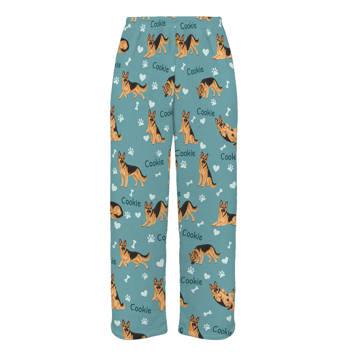 Personalized German Shepherd Dog Pajama Pants, Custom Pet Name Fleece Trousers, Dog Lover Gift — 01 Muted Teal — full-trouser view