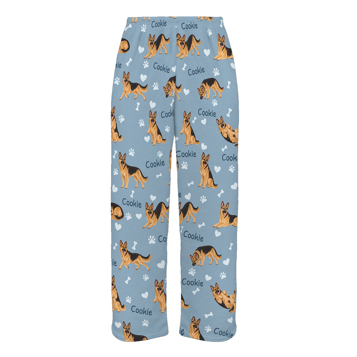 Personalized German Shepherd Dog Pajama Pants, Custom Pet Name Fleece Trousers, Dog Lover Gift — 02 Dusty Blue — full-trouser view