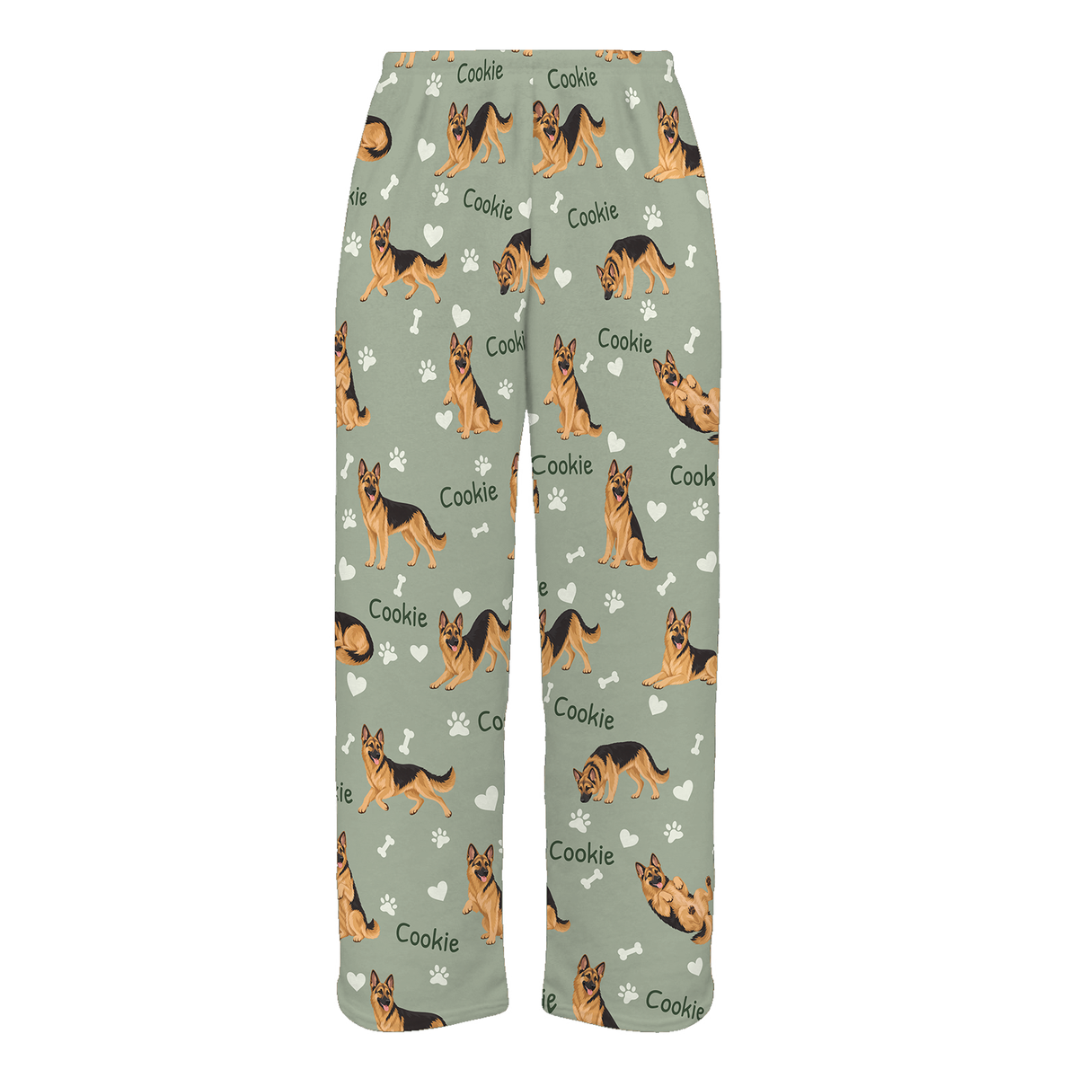 Personalized German Shepherd Dog Pajama Pants, Custom Pet Name Fleece Trousers, Dog Lover Gift — 03 Soft Sage — full-trouser view