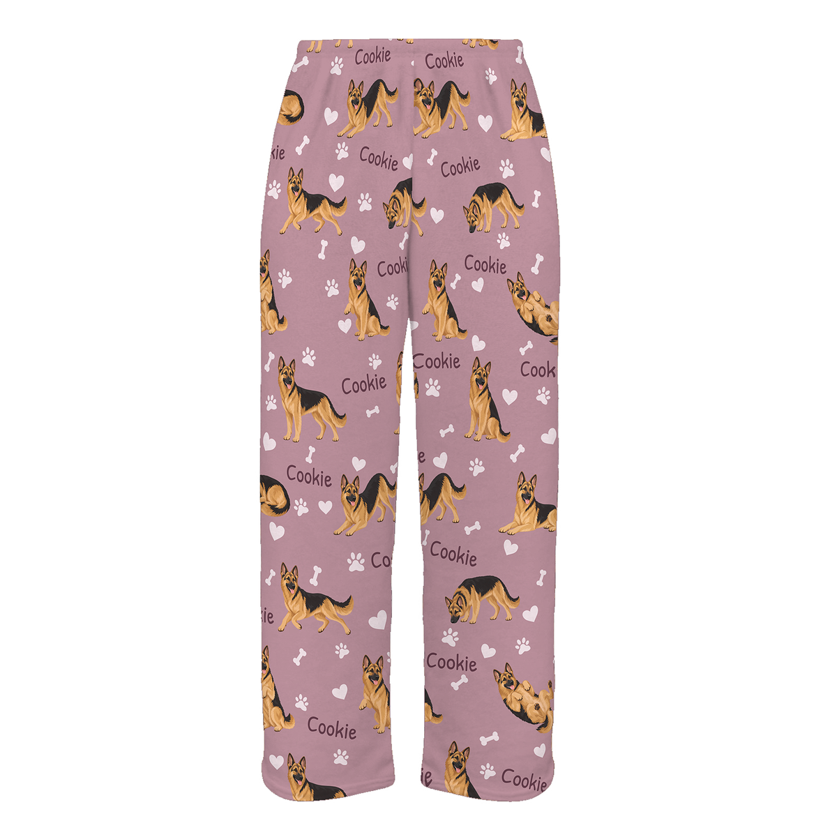 Personalized German Shepherd Dog Pajama Pants, Custom Pet Name Fleece Trousers, Dog Lover Gift — 04 Dusty Rose — full-trouser view