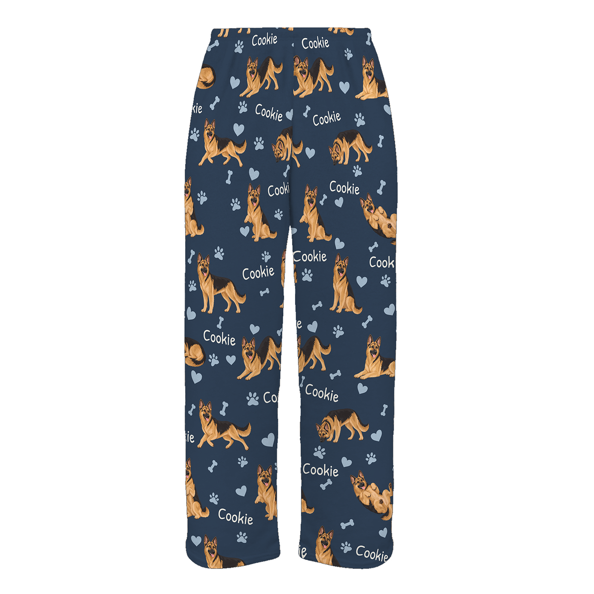 Personalized German Shepherd Dog Pajama Pants, Custom Pet Name Fleece Trousers, Dog Lover Gift — 05 Deep Navy — full-trouser view