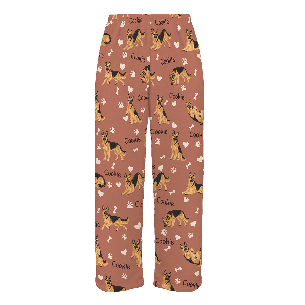 Personalized German Shepherd Dog Pajama Pants, Custom Pet Name Fleece Trousers, Dog Lover Gift — 06 Muted Terracotta — full-trouser view
