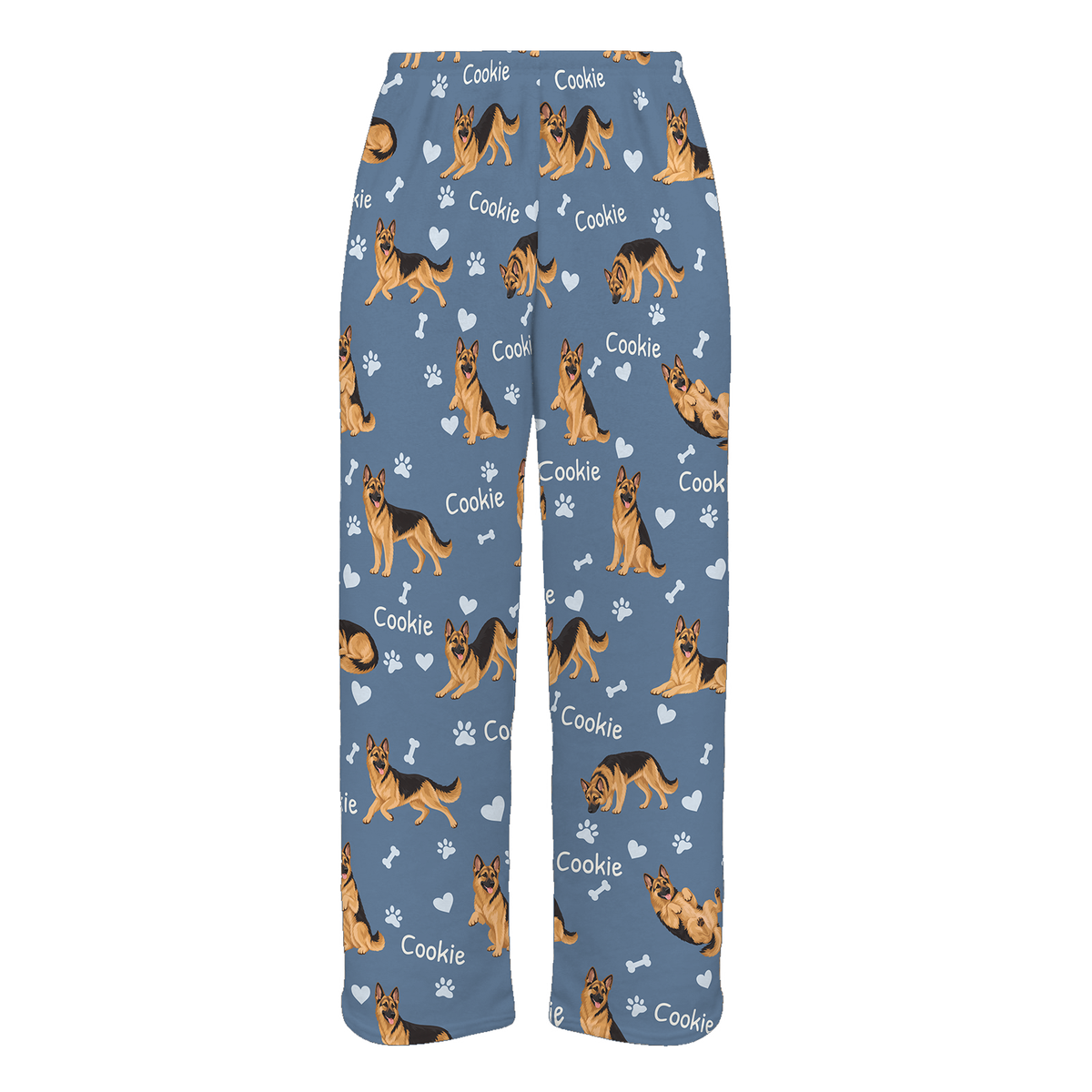Personalized German Shepherd Dog Pajama Pants, Custom Pet Name Fleece Trousers, Dog Lover Gift — As shown — full-trouser view