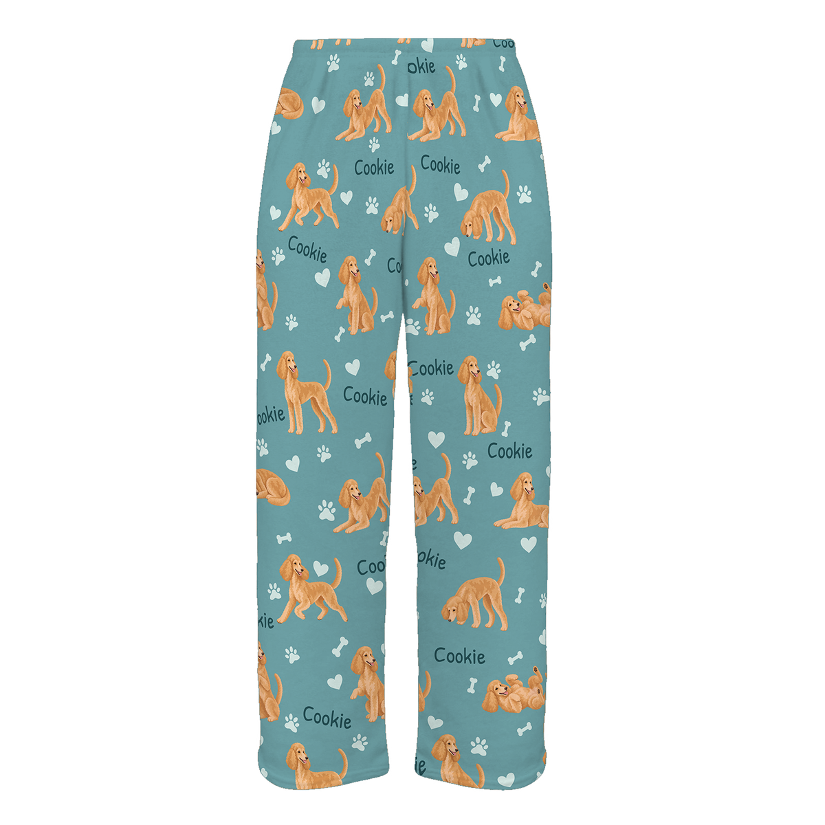 Personalized Poodle Pajama Pants, Custom Pet Name Fleece Trousers, Dog Lover Gift — 01 Muted Teal — full-trouser view