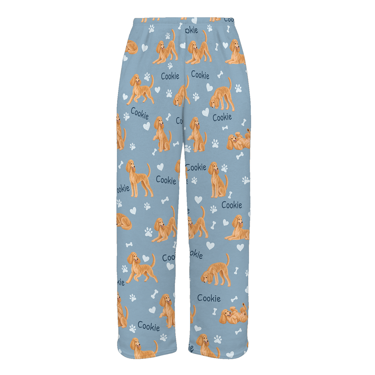 Personalized Poodle Pajama Pants, Custom Pet Name Fleece Trousers, Dog Lover Gift — 02 Dusty Blue — full-trouser view