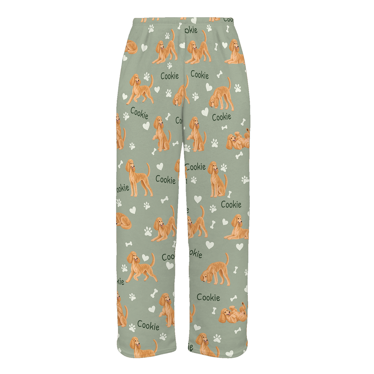 Personalized Poodle Pajama Pants, Custom Pet Name Fleece Trousers, Dog Lover Gift — 03 Soft Sage — full-trouser view