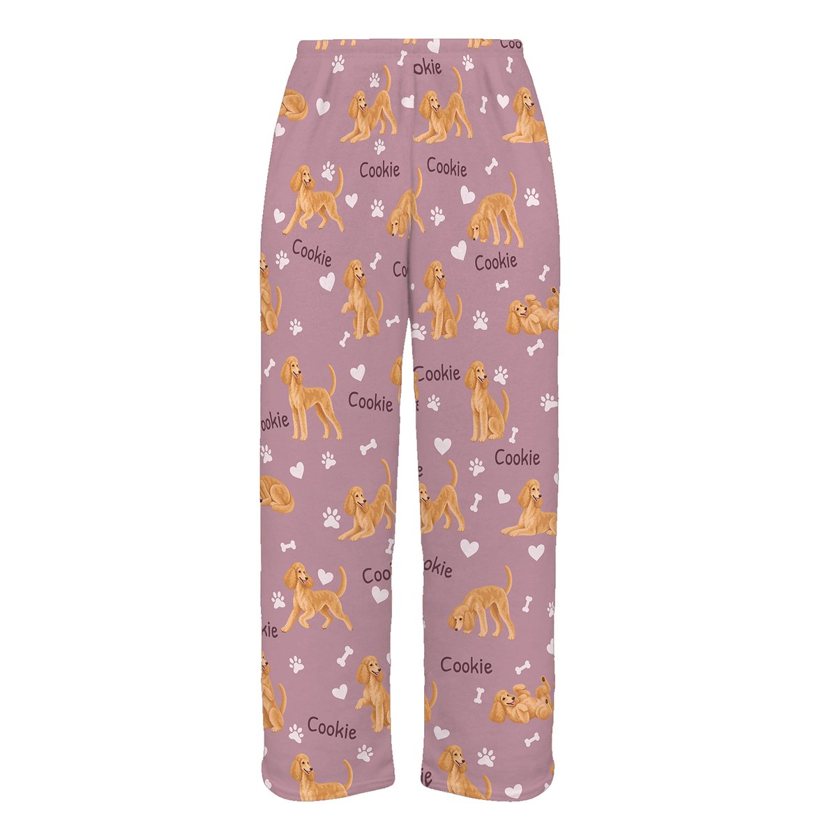 Personalized Poodle Pajama Pants, Custom Pet Name Fleece Trousers, Dog Lover Gift — 04 Dusty Rose — full-trouser view