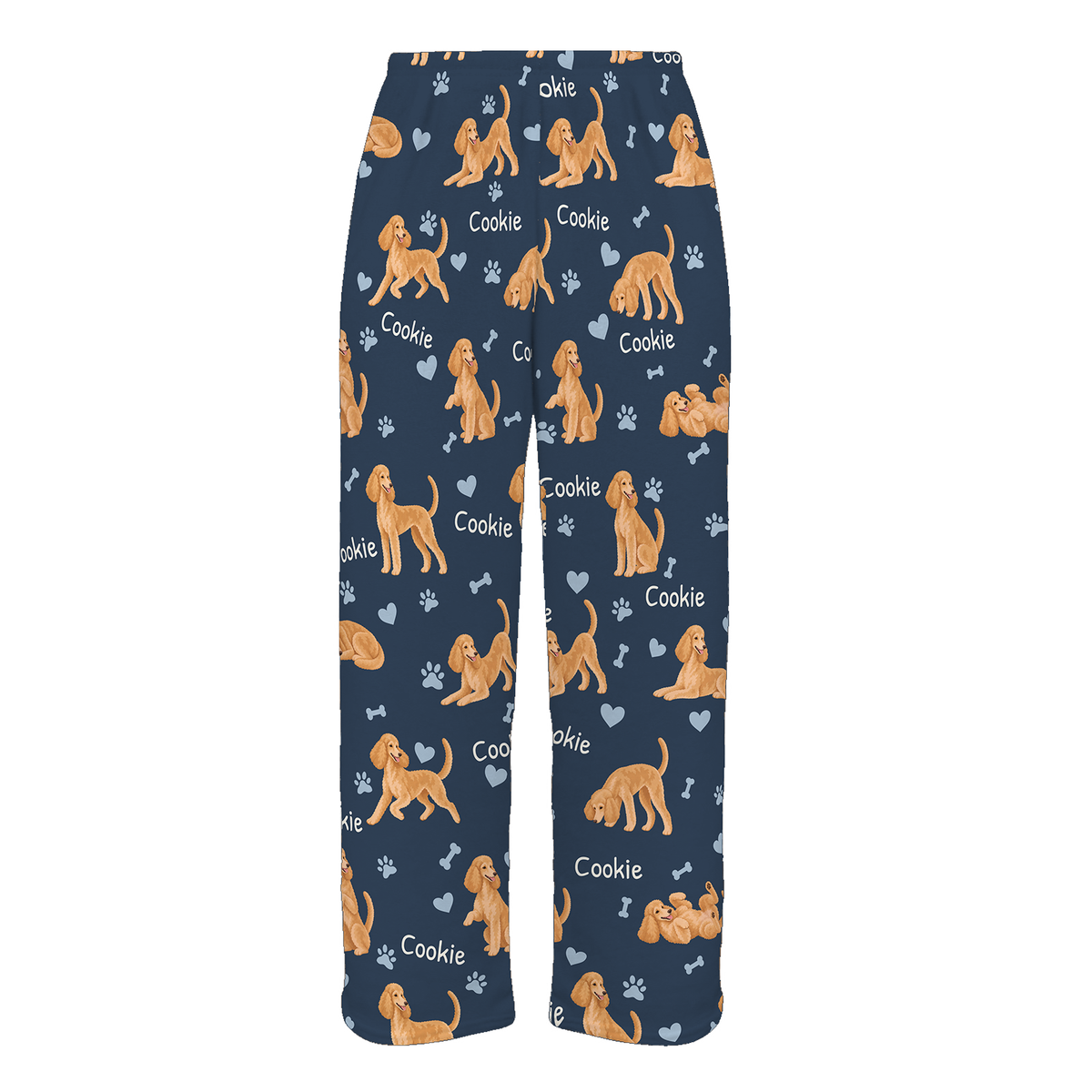 Personalized Poodle Pajama Pants, Custom Pet Name Fleece Trousers, Dog Lover Gift — 05 Deep Navy — full-trouser view