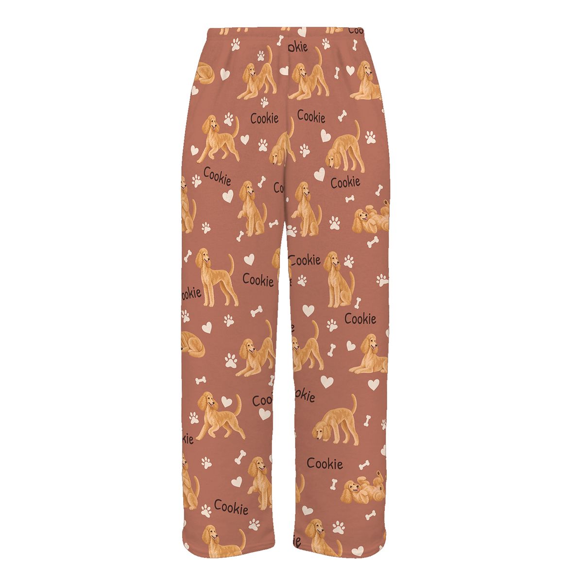 Personalized Poodle Pajama Pants, Custom Pet Name Fleece Trousers, Dog Lover Gift — 06 Muted Terracotta — full-trouser view