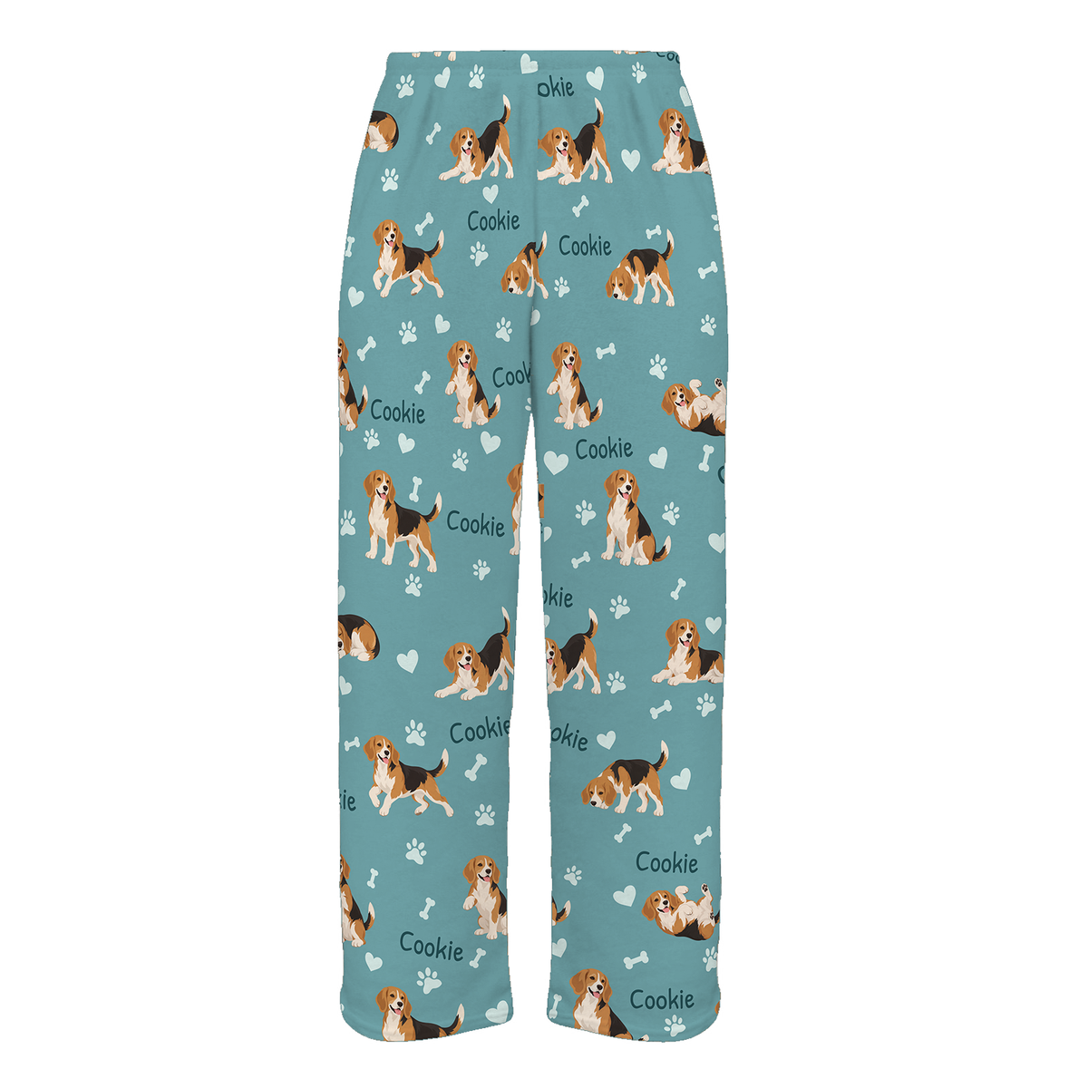 Personalized Beagle Pajama Pants, Custom Pet Name Fleece Trousers, Dog Lover Gift — 01 Muted Teal — full-trouser view