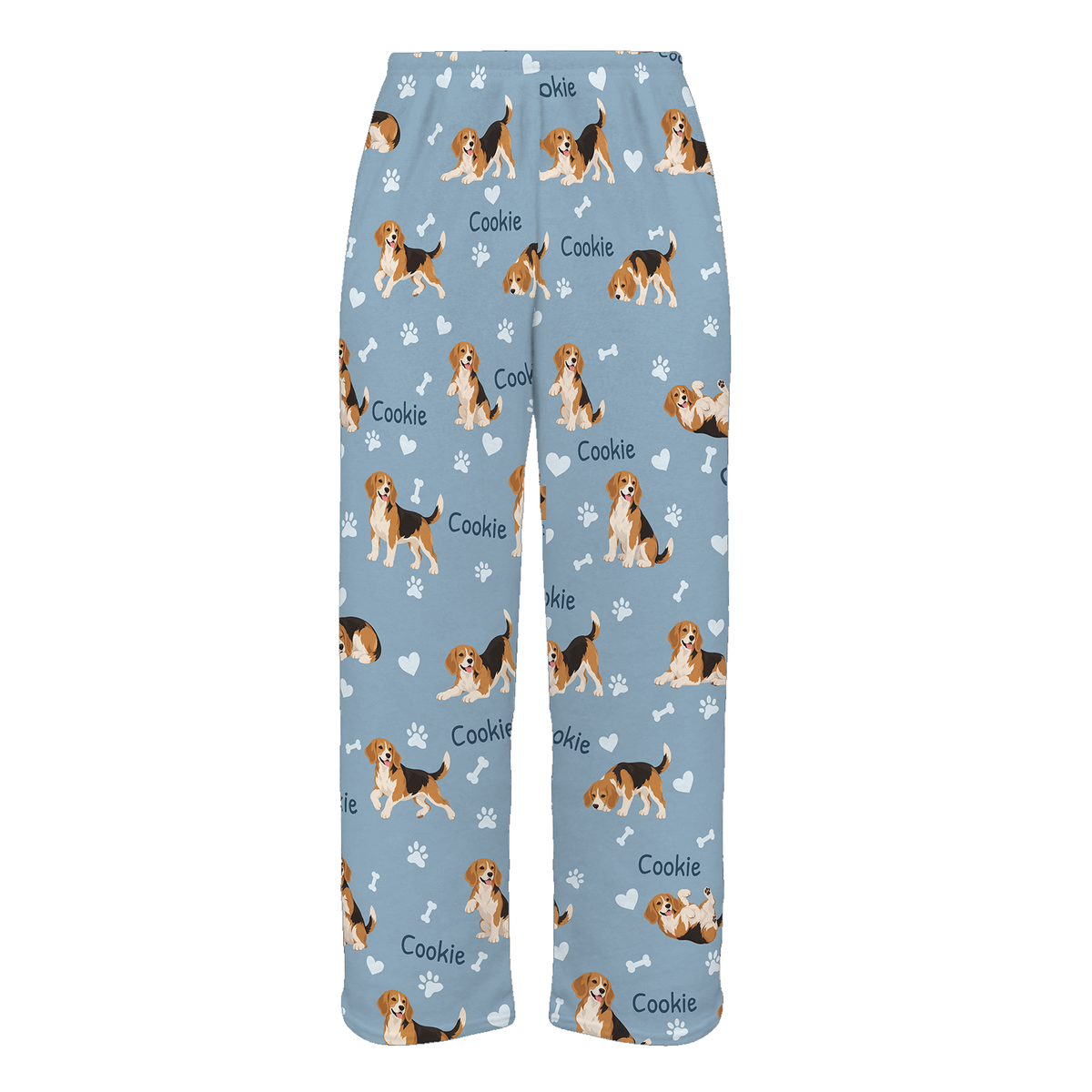 Personalized Beagle Pajama Pants, Custom Pet Name Fleece Trousers, Dog Lover Gift — 02 Dusty Blue — full-trouser view