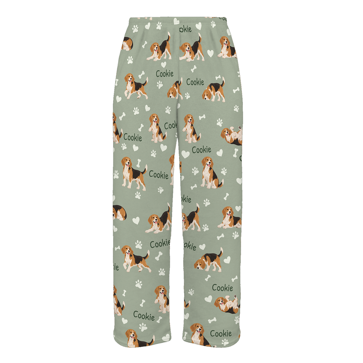 Personalized Beagle Pajama Pants, Custom Pet Name Fleece Trousers, Dog Lover Gift — 03 Soft Sage — full-trouser view