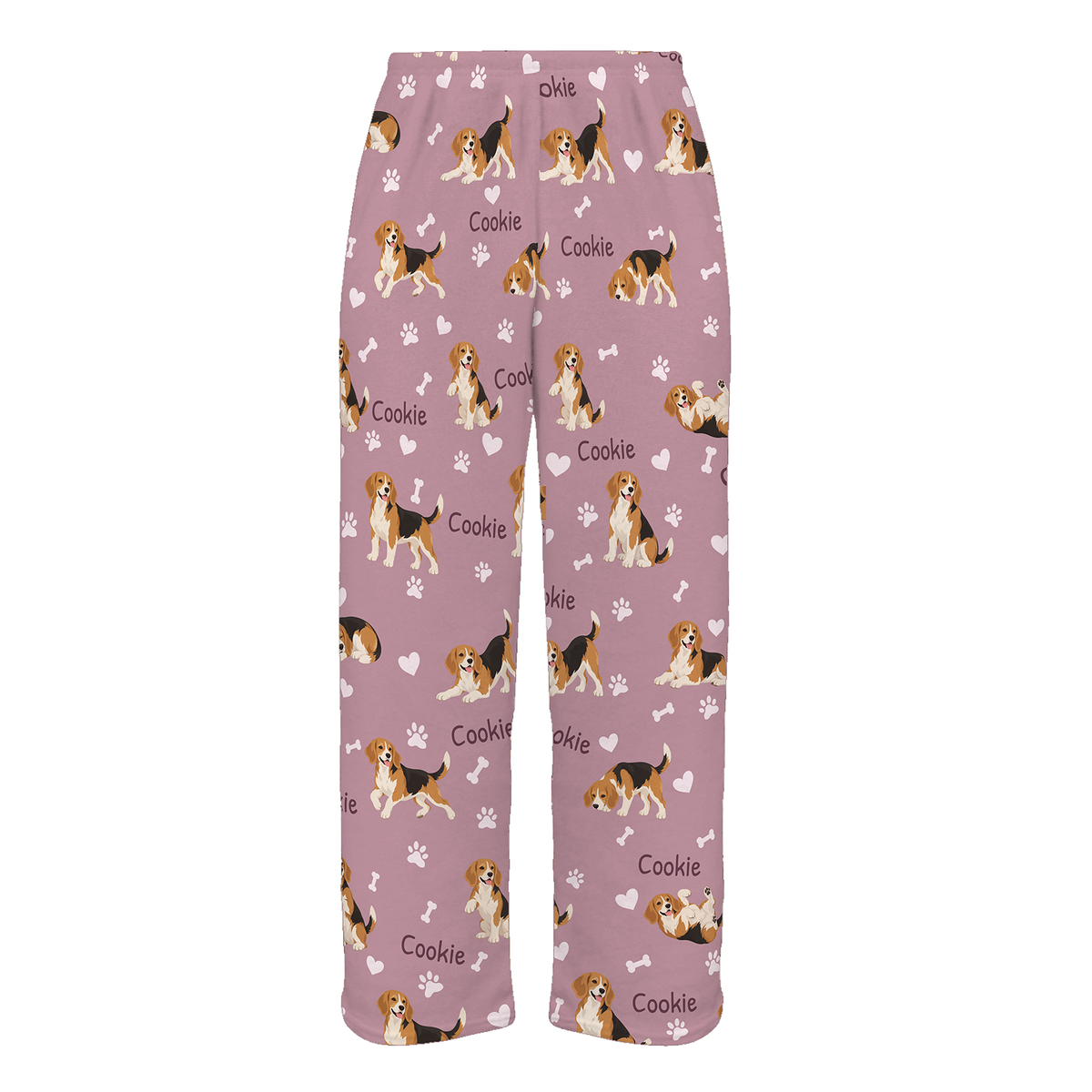 Personalized Beagle Pajama Pants, Custom Pet Name Fleece Trousers, Dog Lover Gift — 04 Dusty Rose — full-trouser view