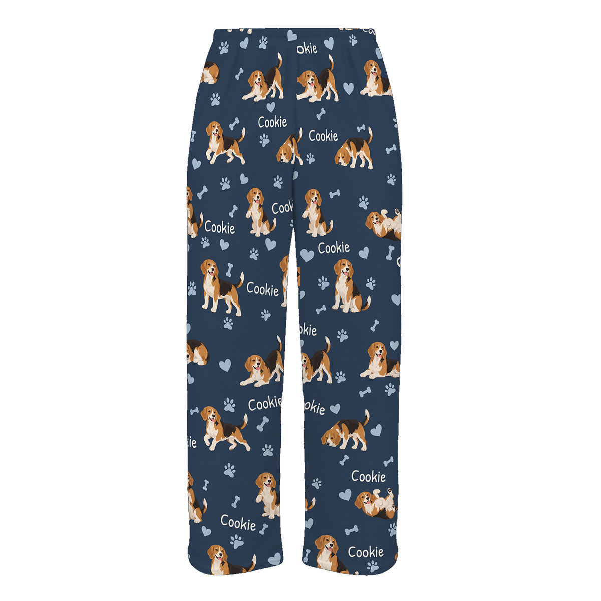 Personalized Beagle Pajama Pants, Custom Pet Name Fleece Trousers, Dog Lover Gift — 05 Deep Navy — full-trouser view