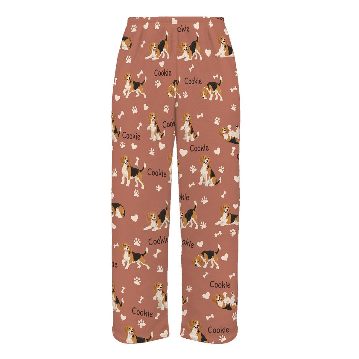 Personalized Beagle Pajama Pants, Custom Pet Name Fleece Trousers, Dog Lover Gift — 06 Muted Terracotta — full-trouser view