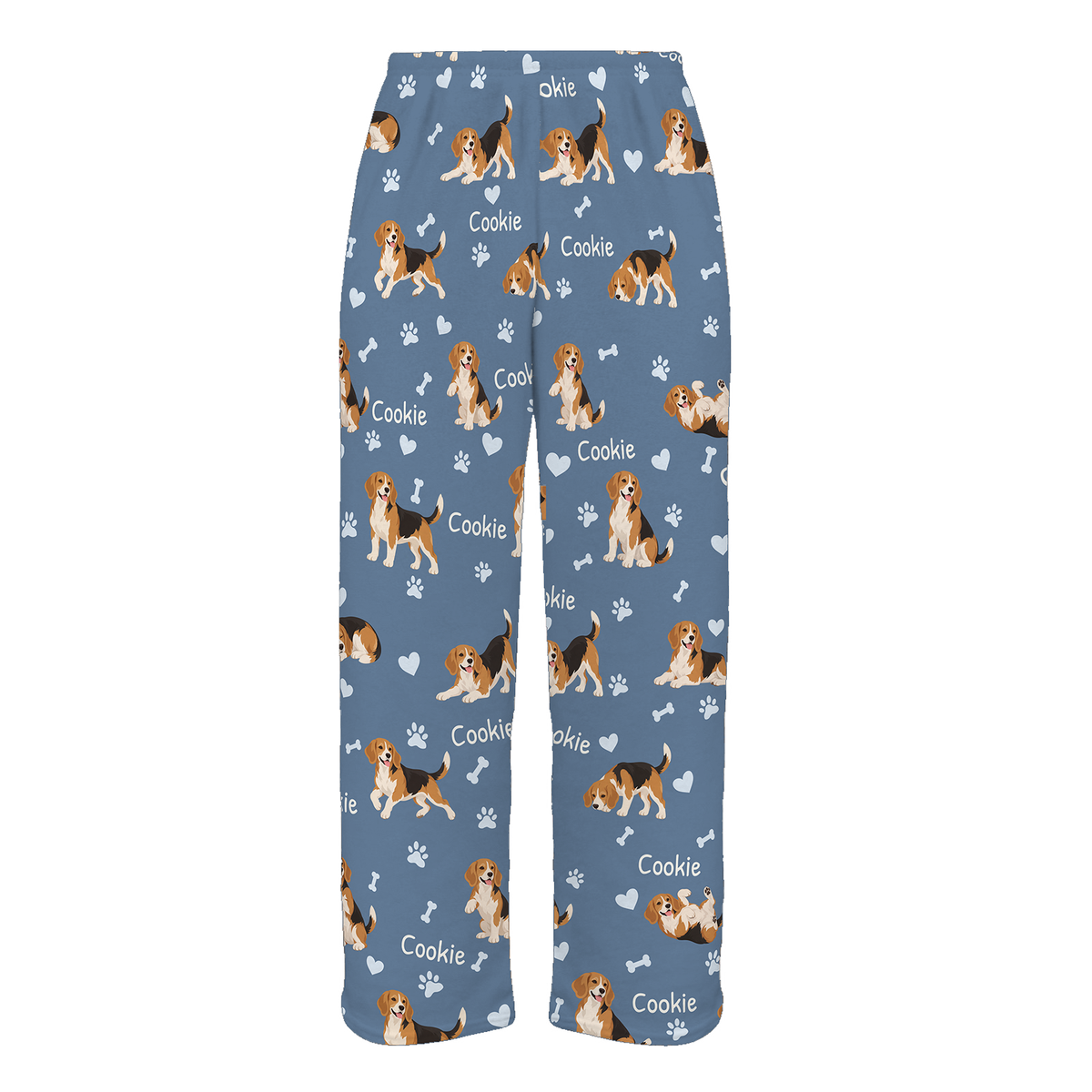 Personalized Beagle Pajama Pants, Custom Pet Name Fleece Trousers, Dog Lover Gift — As shown — full-trouser view