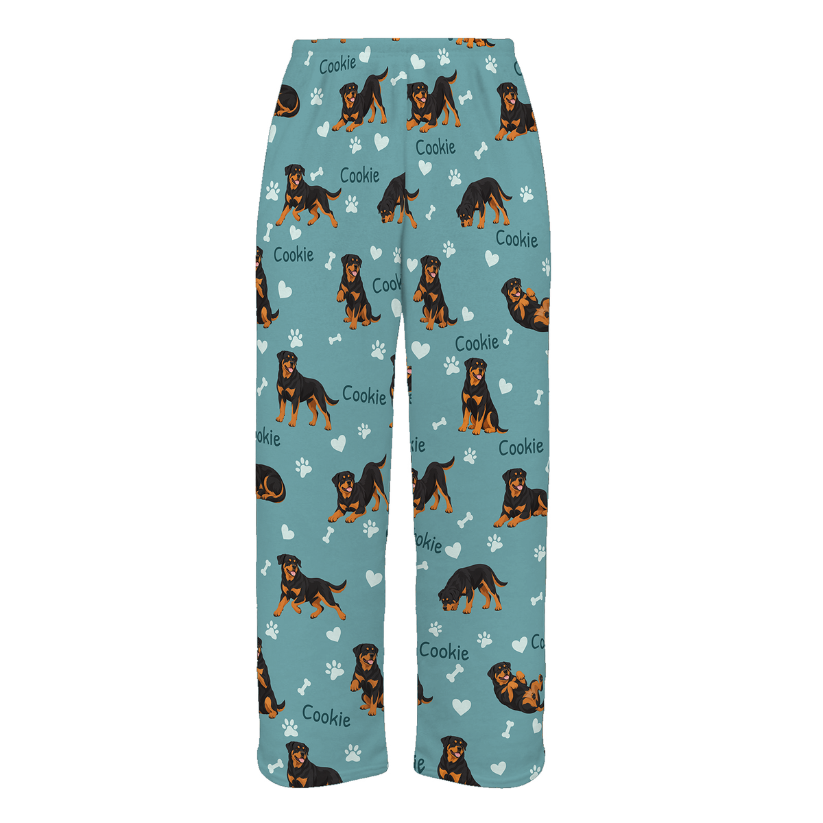 Personalized Rottweiler Pajama Pants, Custom Pet Name Fleece Trousers, Dog Lover Gift — 01 Muted Teal — full-trouser view