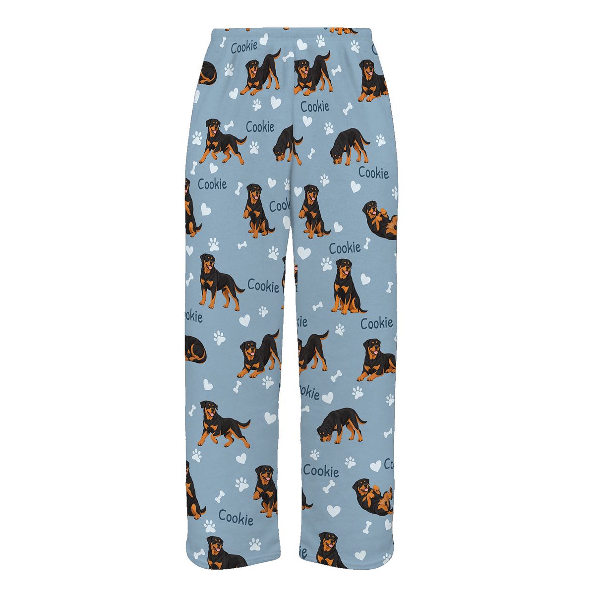 Personalized Rottweiler Pajama Pants, Custom Pet Name Fleece Trousers, Dog Lover Gift — 02 Dusty Blue — full-trouser view