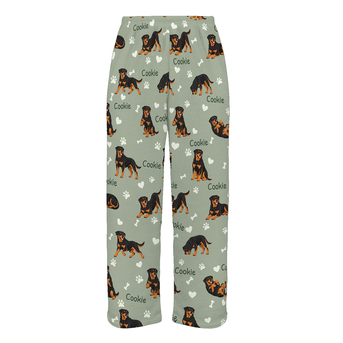 Personalized Rottweiler Pajama Pants, Custom Pet Name Fleece Trousers, Dog Lover Gift — 03 Soft Sage — full-trouser view