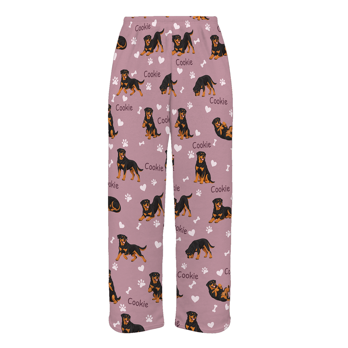 Personalized Rottweiler Pajama Pants, Custom Pet Name Fleece Trousers, Dog Lover Gift — 04 Dusty Rose — full-trouser view