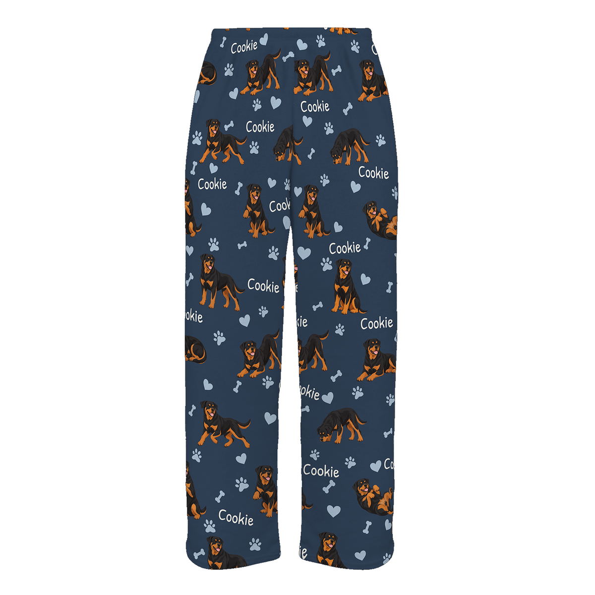 Personalized Rottweiler Pajama Pants, Custom Pet Name Fleece Trousers, Dog Lover Gift — 05 Deep Navy — full-trouser view