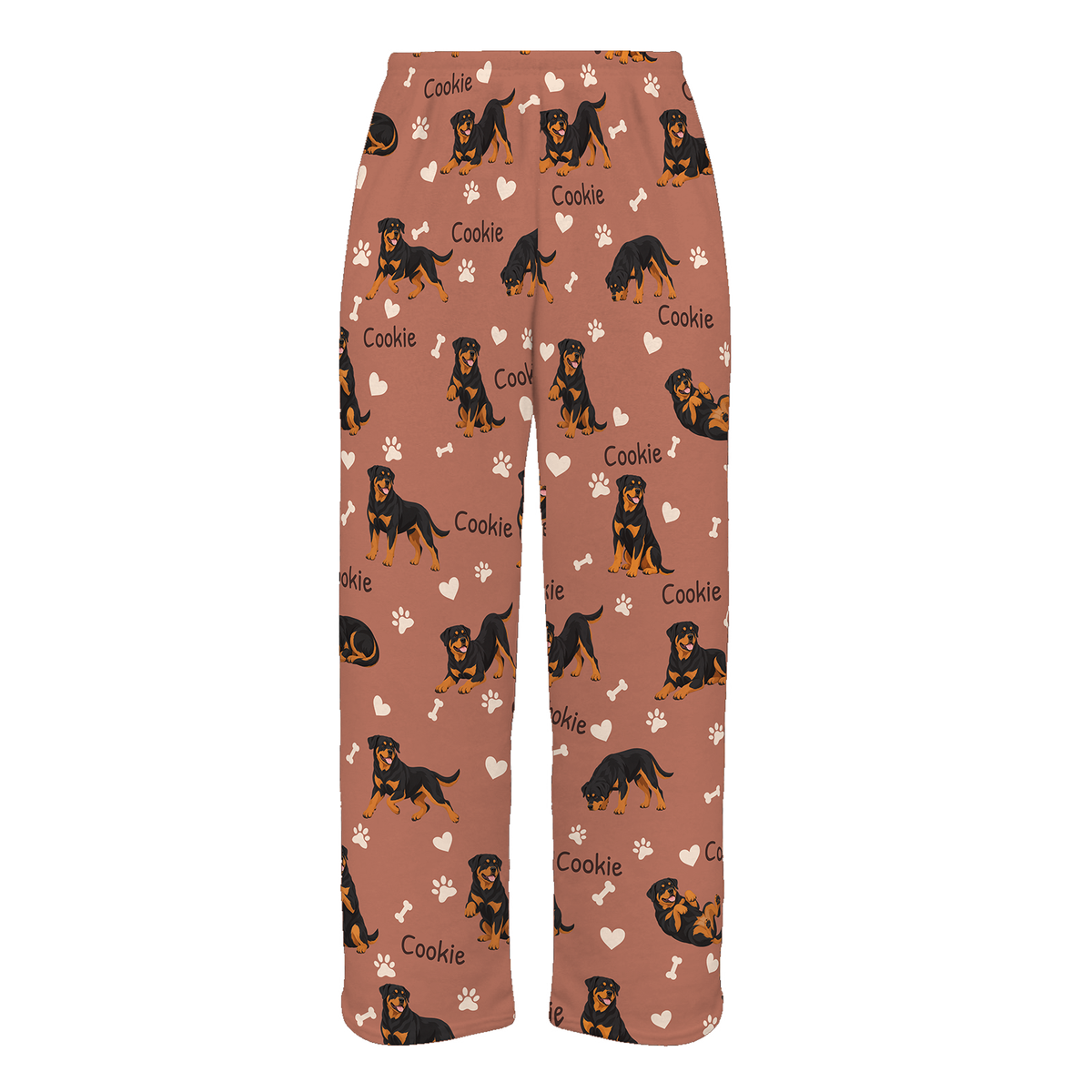 Personalized Rottweiler Pajama Pants, Custom Pet Name Fleece Trousers, Dog Lover Gift — 06 Muted Terracotta — full-trouser view
