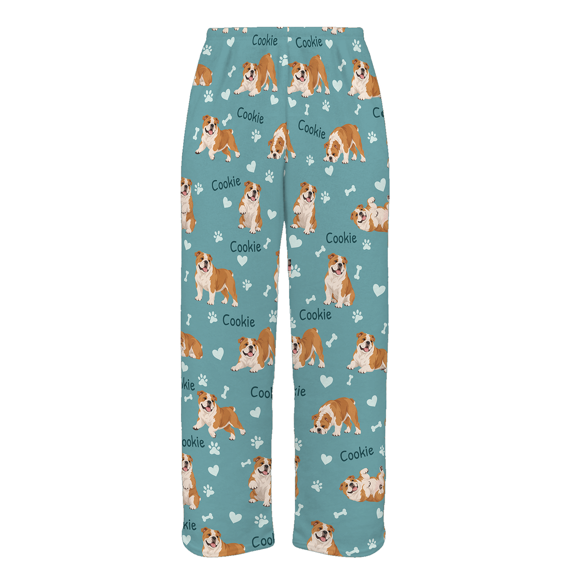 Personalized Bulldog Pajama Pants, Custom Pet Name Fleece Trousers, Dog Lover Gift — 01 Muted Teal — full-trouser view